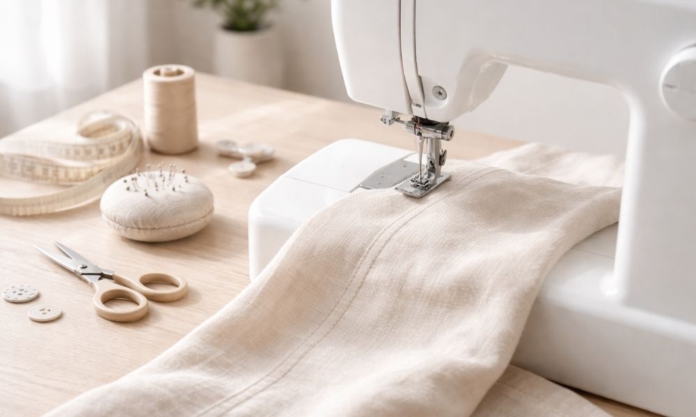 beginner-sewing-machine-setup Beginner sewing machine setup showing fabric and stitching area