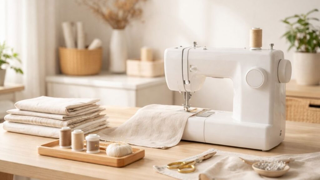 sewing-machine-beginner-workspace Minimalist sewing workspace with a white sewing machine for beginners